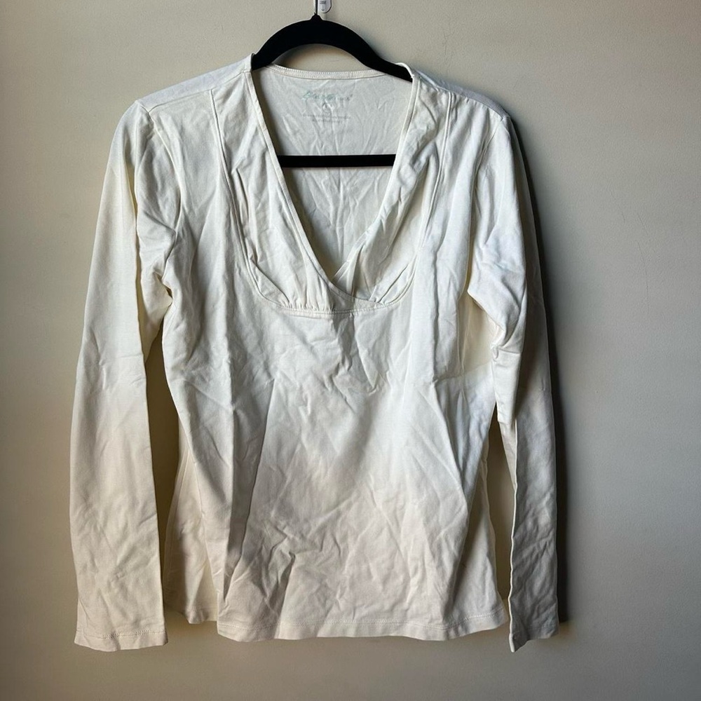 eddie bauer Women Blouse V-neck Long Sleeve Cream Pima Cotton Stretch Size L